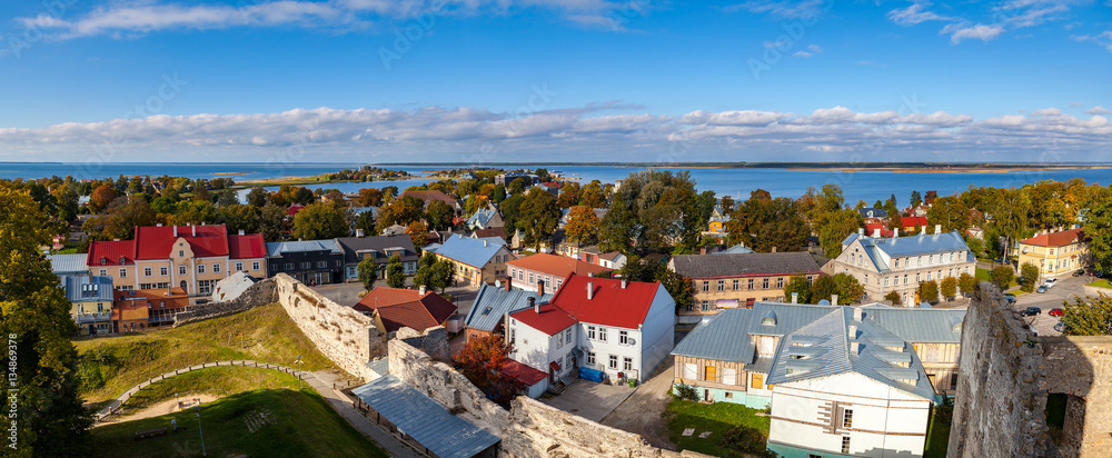 Panoramic view of small town Haapsalu from castle tower, coast of Baltic sea, Estonia