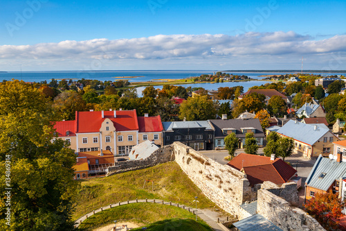 Panoramic view of small town Haapsalu from castle tower, coast of Baltic sea, Estonia photo