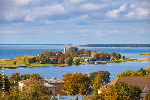 Peninsula and nice village, view from castle tower, coast of Baltic sea, Haapsalu, Estonia