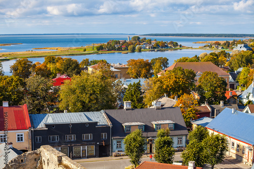 Peninsula and nice village, view from castle tower, coast of Baltic sea, Haapsalu, Estonia photo