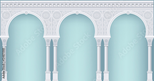 Palace Arcade in an old oriental style. Facade of a classical building. Vector graphics