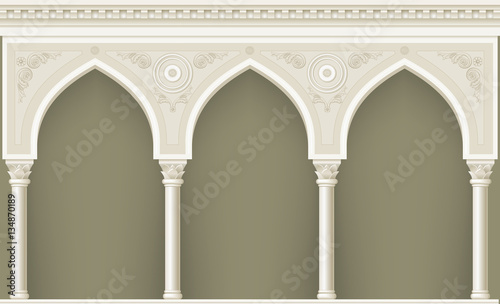 Palace Arcade in an old oriental style. Facade of a classical building. Vector graphics