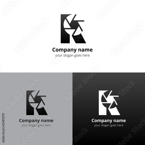 R letter with camera shutter logo icon flat and vector design template. Logotype with black-grey gradient color. Creative vision concept logo, elements, sign, symbol for card, brand, banners.