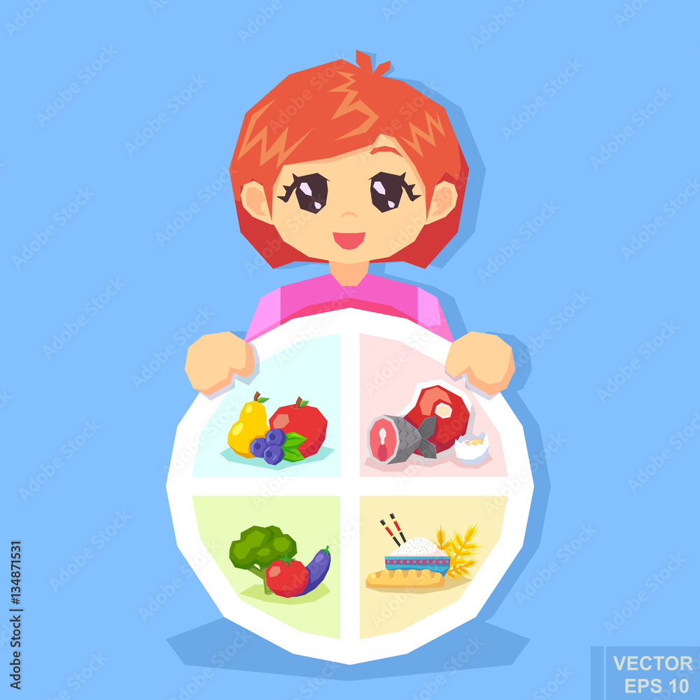 Healthy diet infographics food modern nutrition advice. child with a plate of fruit, vegetables, meat, fish, rice, pastries Healthy diet infographics food modern nutrition advice. child with a plate of fruit, vegetables, meat, fish, rice, pastries