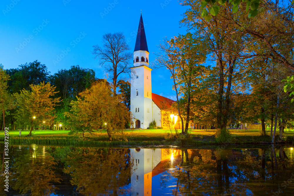 Night \cView on the Lutheran Church of St. Berthold 1225 year's construction. Sigulda, Latvia.