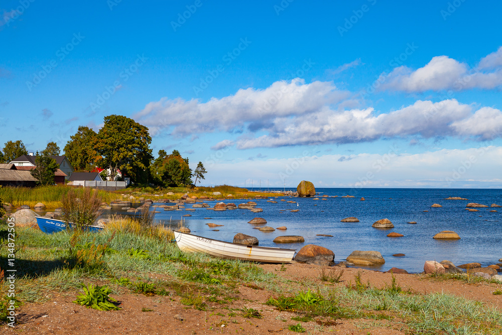 Harbour on the stoned coast of Baltic sea. Kasmu, village of captains, Estonia