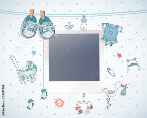 Baby boy shower card. Arrival card with place for your photo.