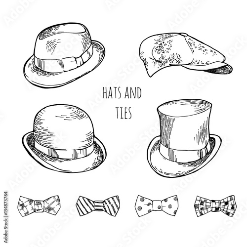 Set of hats adn bows. Hand-drawn vector illustration.