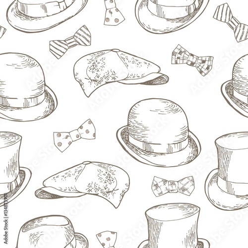 Set of hats and bows. Seamless Pattern. Hand-drawn vector illustration.