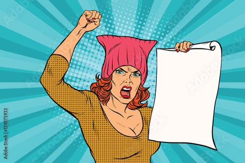 Illustration of a woman protesting with a fist and a paper