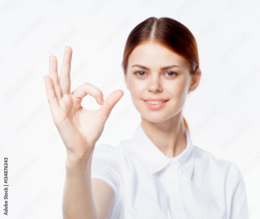 woman connected the big index finger of the hand, happy face woman connected the big index finger of the hand, happy face