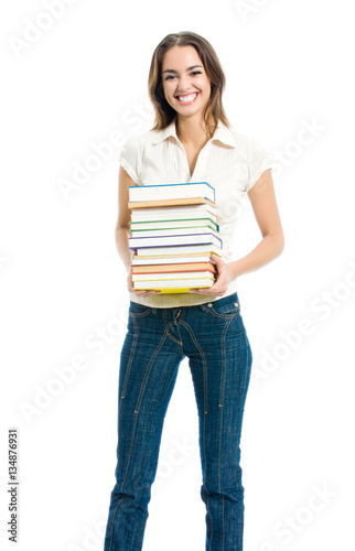 smiling woman with textbooks, isolated