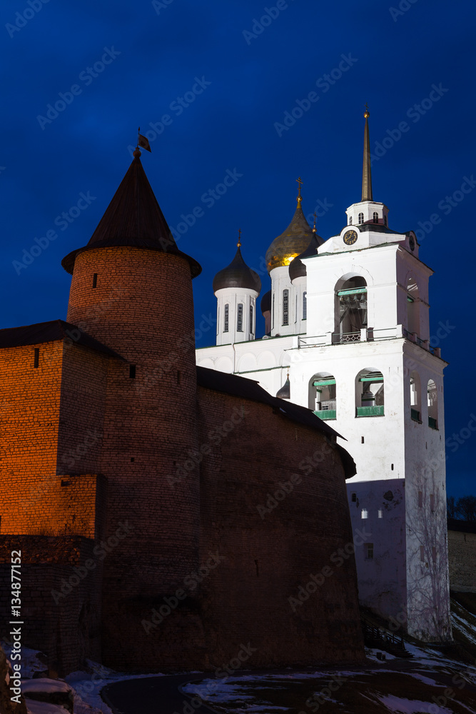 Pskov Kremlin fortress. Tower of citadel and Cathedral