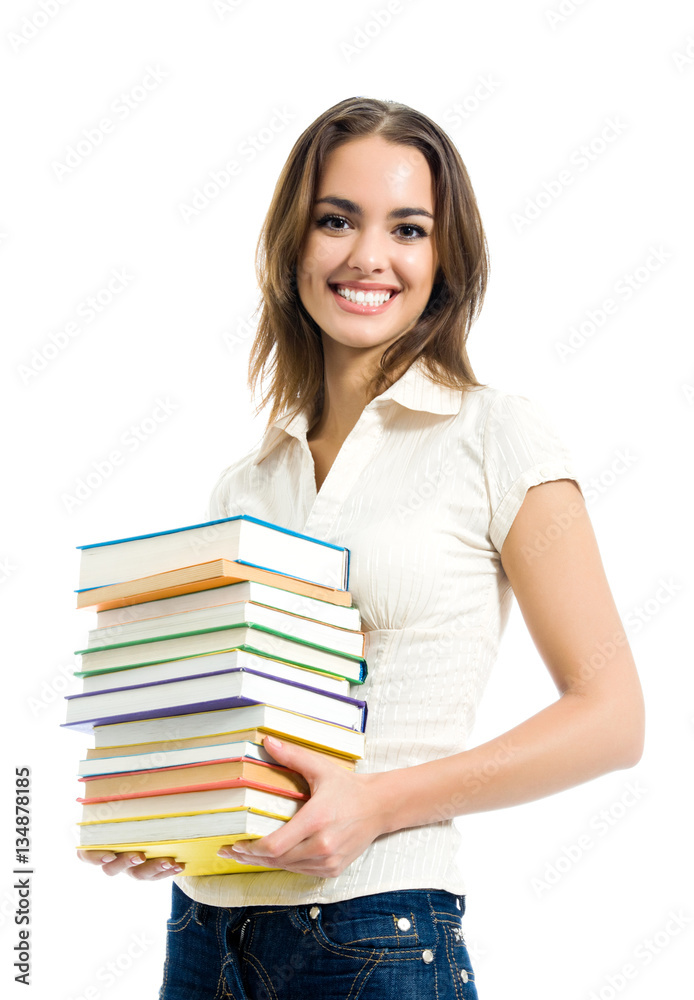 smiling woman with textbooks, isolated smiling woman with textbooks, isolated