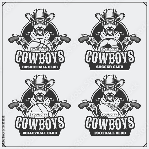 Volleyball, baseball, soccer and football logos and labels. Sport club emblems with cowboy.