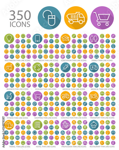 Set of 350 Universal Flat Minimalistic Elegant Standard Thin Line Icons on Circular Colored Buttons on White Background