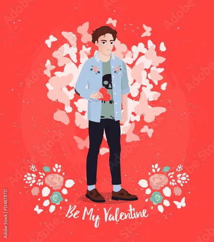 Happy Valentines Day greeting card design. Hand Drawing male character.