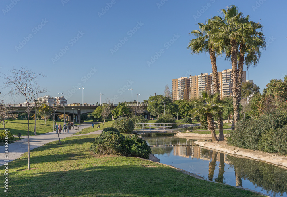 Turia River gardens Jardin del Turia, leisure and sport area. Pedestrian walk way and artificial water channel. Valencia, Spain