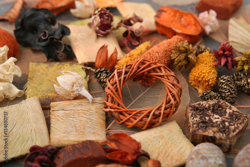 Dried florist supplies. Dried decoration plants, flowers, grass, bark, twigs.