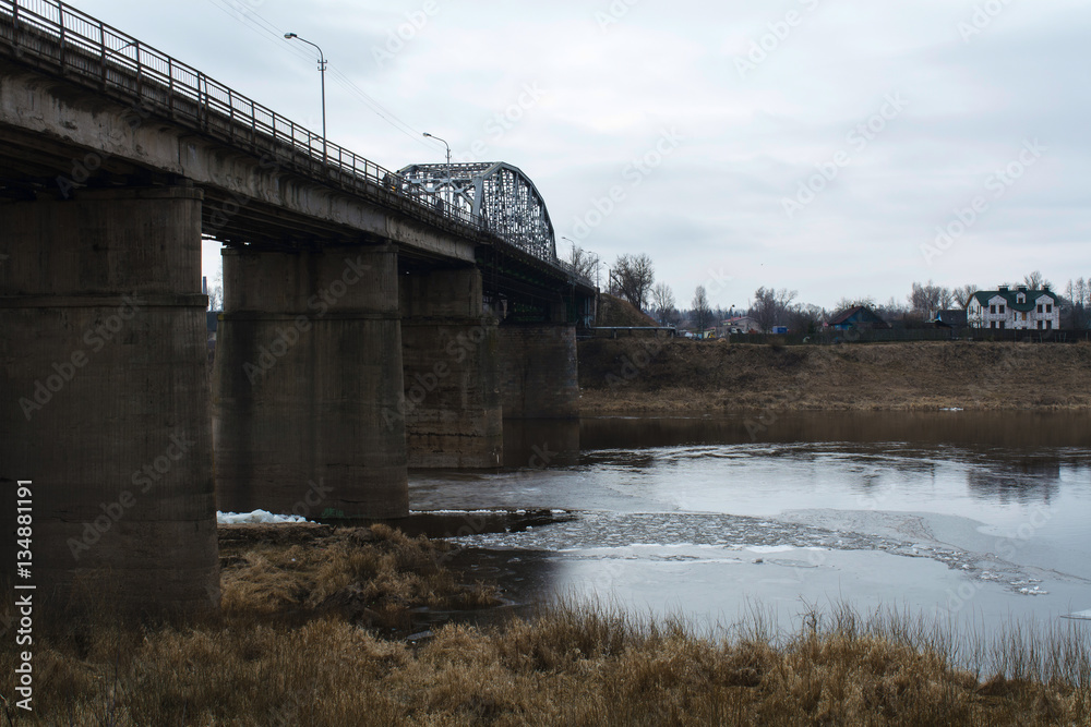 River Western Dvina river between the cities of Polotsk and Novopolotsk, Belarus, March, 2015, break-up, spring,