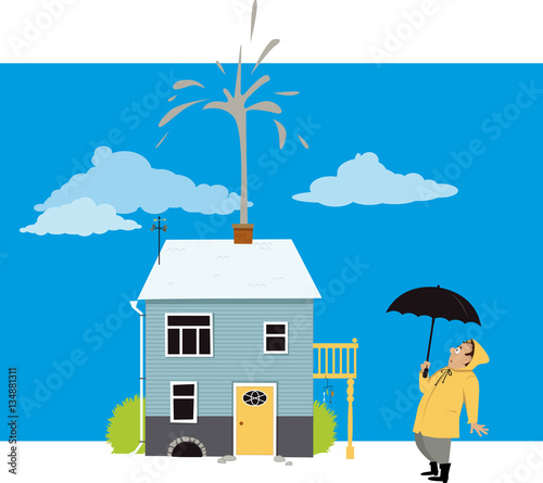 Homeowner looking at a fountain of sewage or water coming from a chimney of his house, EPS 8 vector illustration