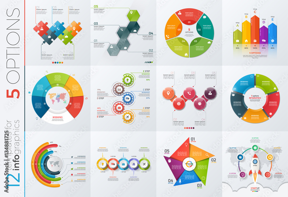 Collection of 12 vector templates for infographics with 5 options for ...