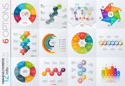 Collection of 12 vector templates for infographics with 6 options for presentations, advertising, layouts, annual reports