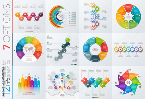 Collection of 12 vector templates for infographics with 7 options for presentations, advertising, layouts, annual reports