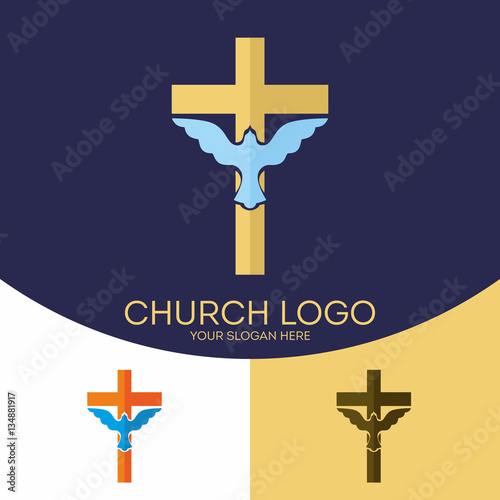 Church logo. Christian symbols. Silhouette of the cross of Jesus Christ, the dove, the Holy Spirit.