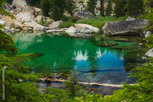 A colorful green lake in the high sierra surrounded by trees and tall granite mountains