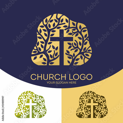 Church logo. Christian symbols. The cross of Jesus Christ and the tree as a symbol of the spiritual growth of the church.