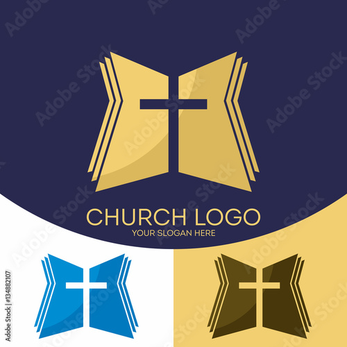 Church logo. Christian symbols. The cross of Jesus Christ and the Holy Bible.