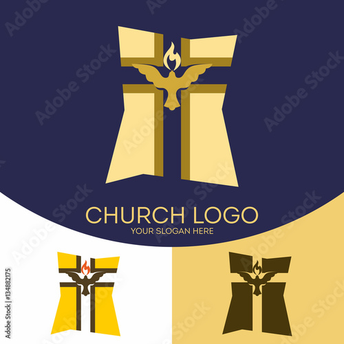 Church logo. Christian symbols. Silhouette of the cross of Jesus Christ, the dove and the flame of the Holy Spirit.