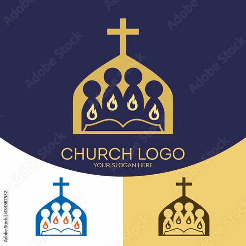 Church logo. Christian symbols. The gathering of the saints in the name of the Lord Jesus Christ, the Holy Spirit burning flame.
