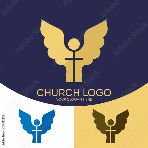 Church logo. Christian symbols. Angel of God and the cross of Jesus Christ.