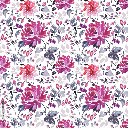 Seamless pattern with summer flowers, buds and leaves.