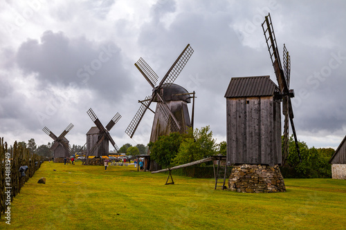 Angla, Saaremaa, Estonia. Old wooden windmills at farm on Estonian island Saaremaa