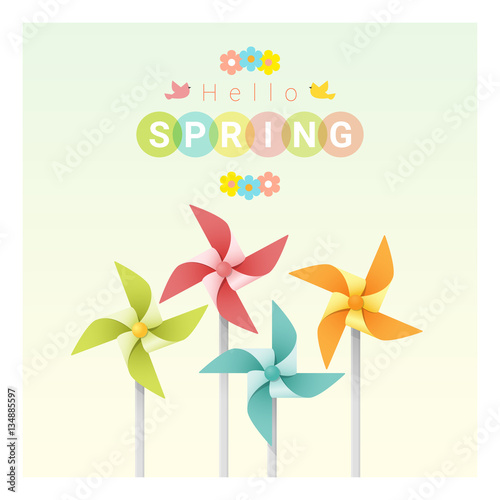 Hello spring background with colorful pinwheels , vector , illustration