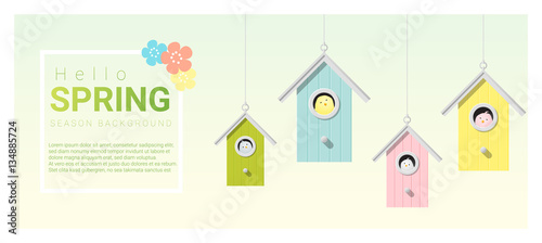 Hello spring background with little birds in birdhouses , vector , illustration
