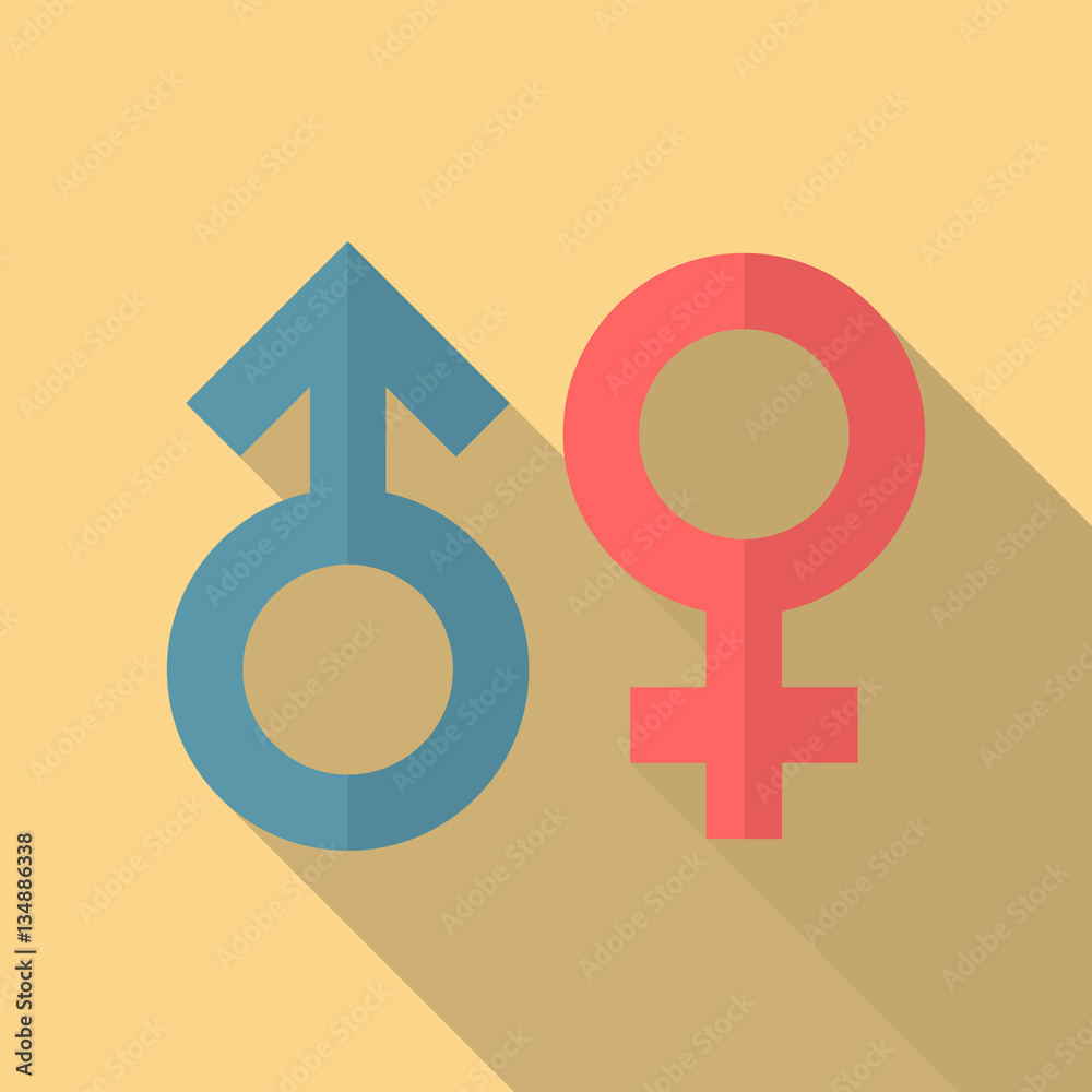 Gender symbol icon with long shadow. Flat design style. Standard sex symbol silhouette. Simple emblem. Modern, minimalist icon in stylish colors. Web site page and mobile app design element. Gender symbol icon with long shadow. Flat design style. Standard sex symbol silhouette. Simple emblem. Modern, minimalist icon in stylish colors. Web site page and mobile app design element.