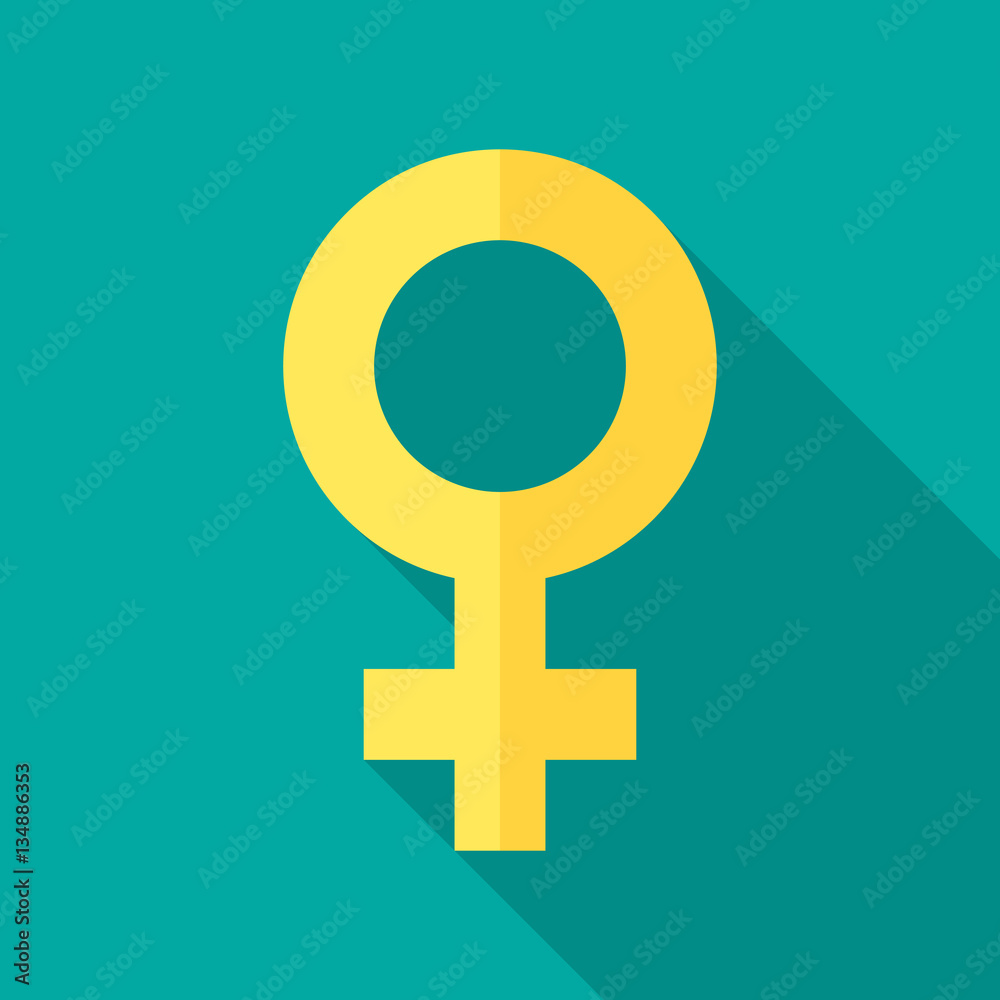 Female sex symbol icon with long shadow. Flat design style. Gender symbol silhouette. Simple yellow icon. Modern flat icon in stylish colors. Web site page and mobile app design element. Venus symbol. Female sex symbol icon with long shadow. Flat design style. Gender symbol silhouette. Simple yellow icon. Modern flat icon in stylish colors. Web site page and mobile app design element. Venus symbol.