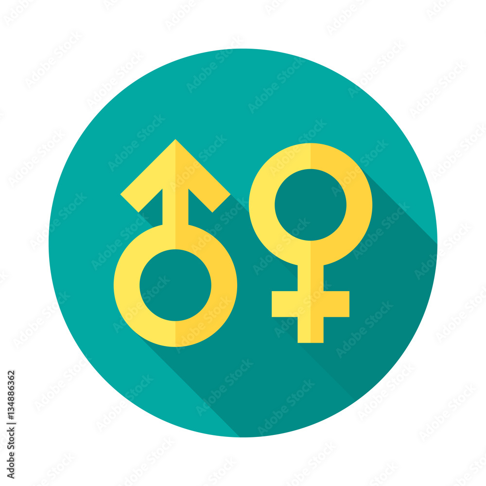 Gender symbol icon with long shadow. Flat design style. Round icon. Sex symbol silhouette. Simple circle yellow icon. Modern flat icon in stylish colors. Web site page and mobile app design element. Gender symbol icon with long shadow. Flat design style. Round icon. Sex symbol silhouette. Simple circle yellow icon. Modern flat icon in stylish colors. Web site page and mobile app design element.