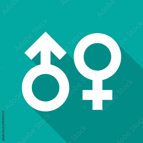 Gender symbol icon with long shadow. Flat design style. Standard sex symbol silhouette. Simple green icon. Modern, minimalist icon in stylish colors. Web site page and mobile app design element.