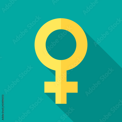 Female sex symbol icon with long shadow. Flat design style. Gender symbol silhouette. Simple yellow icon. Modern flat icon in stylish colors. Web site page and mobile app design element. Venus symbol.