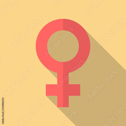 Female sex symbol icon with long shadow. Flat design style. Gender symbol silhouette. Simple red icon. Modern flat icon in stylish colors. Web site page and mobile app design element. Venus symbol.