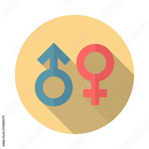 Gender symbol icon with long shadow. Flat design style. Round icon. Sex symbol silhouette. Simple circle emblem. Modern, minimalist icon in stylish colors. Web site page and mobile app design element.