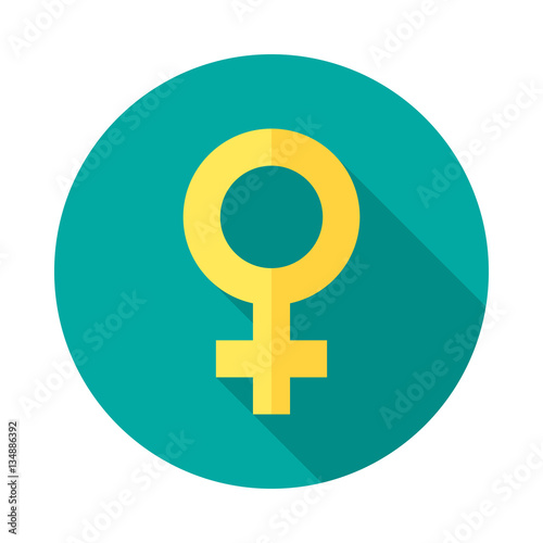 Female sex symbol icon with long shadow. Flat design style. Gender symbol silhouette. Simple yellow icon. Modern flat icon in stylish colors. Web site page and mobile app design element. Venus symbol.