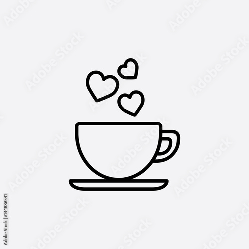 cup of coffee tea hot with hearts steam line icon black on white
