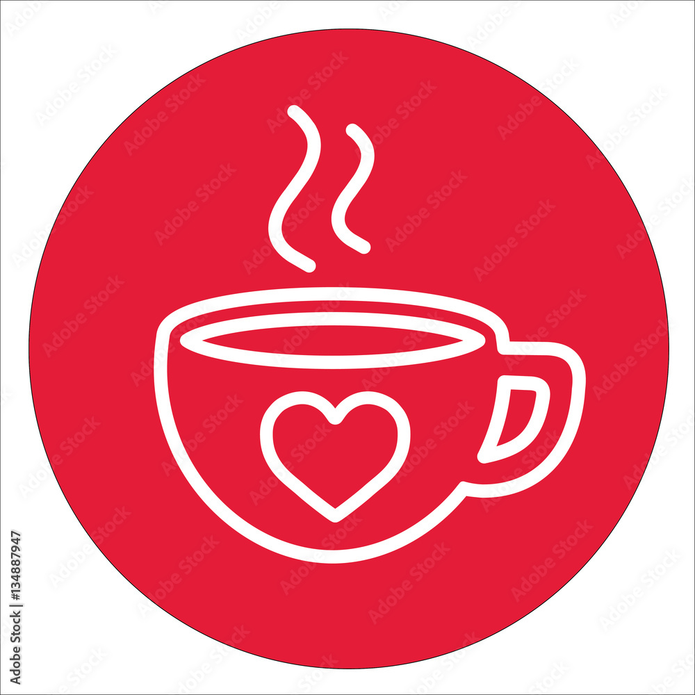 cup of coffee tea hot with hearts steam white line icon on red circle cup of coffee tea hot with hearts steam white line icon on red circle