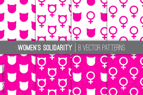 Women's Solidarity March Symbolic Political Patterns. Pink Cat Head and Ears and Venus Signs. Feminist Movement Symbols. Pattern Tile Swatches are Included in EPS10 Vector File.